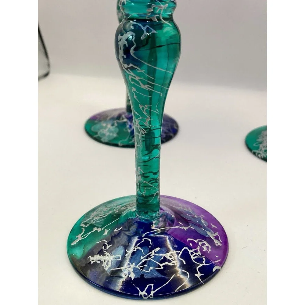 3 Euroglass Wine Glasses Goblets Purple Green/Teal Silver Abstract Romania